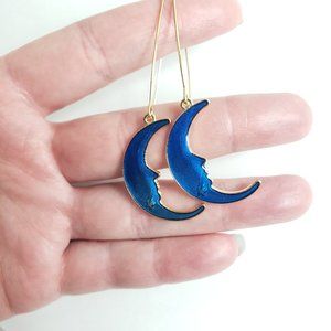 Large Moon Blue + Gold Enamel Drop Earrings